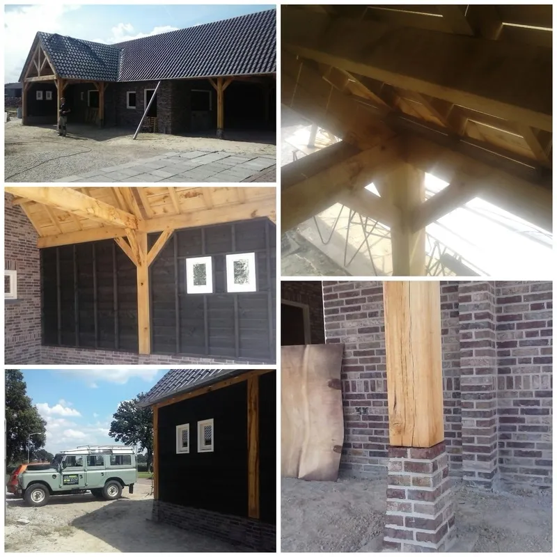 Collage van nieuwbouwprojecten met eiken houtconstructies en metselwerk